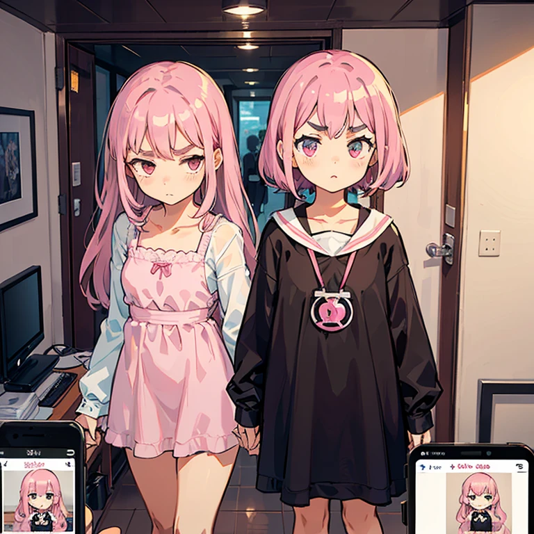 Girls with pink hair, long double-tailed hairstyle, ((small pink bushy eyebrows)), dressed in ta clothes, marked vagina, loli(Zankuro) drawing style by zankuro artist, Zancro style, image uploaded to R34, changing of clothes in a room, looking away, not looking at the camera (hidden camera recording it, security camera filter recording it)