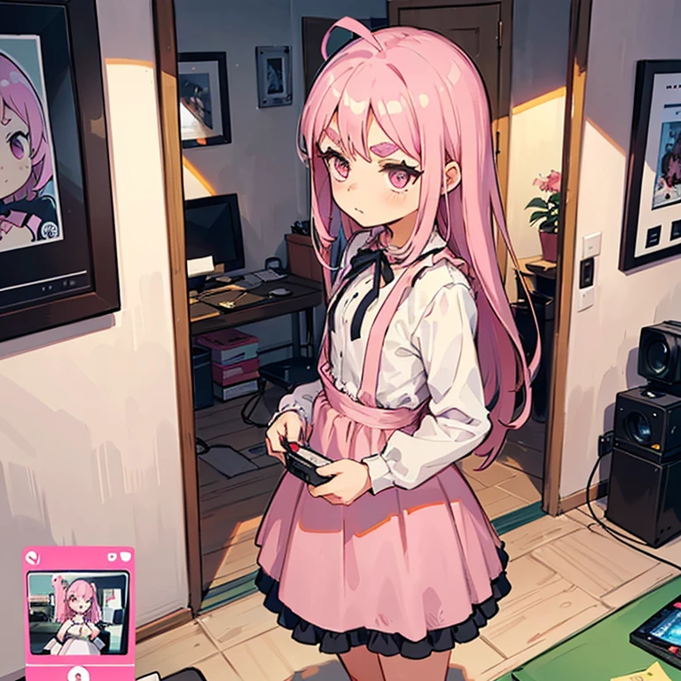 Girls with pink hair, long double-tailed hairstyle, ((small pink bushy eyebrows)), dressed in ta clothes, marked vagina, loli(Zankuro) drawing style by zankuro artist, Zancro style, image uploaded to R34, changing of clothes in a room, looking away, not looking at the camera (hidden camera recording it, security camera filter recording it)