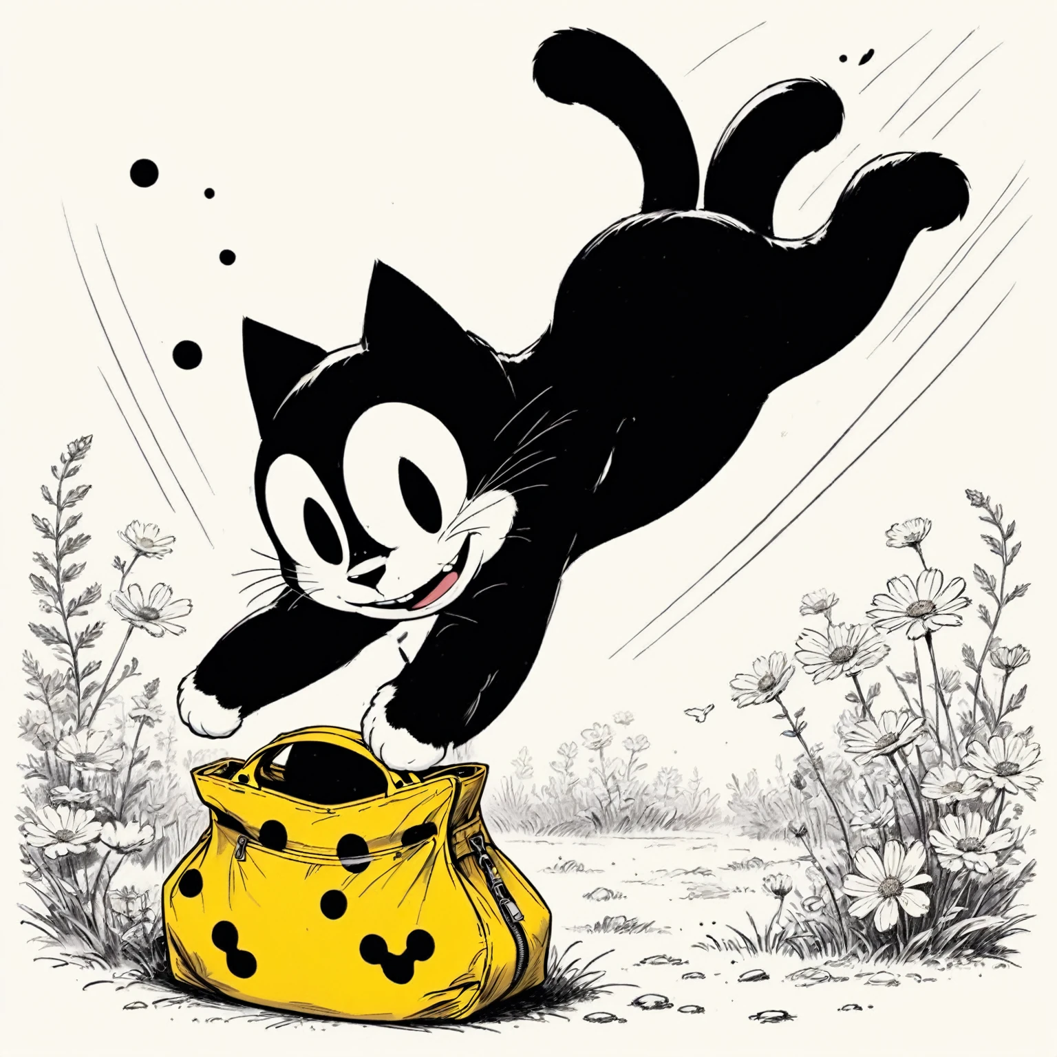 Felix the Cat gracefully diving through the air into his open yellow bag of tricks on the ground, in a slow meadow, (Felix the cat style reference, An anthropomorphic young black cat with white eyes, a black body, and a giant grin) (Felix's bag is one-of-a-kind satchel, which usually takes the form of a suitcase/carpetbag halfmix, which is yellow with black markings, reveals the pattern to be black dots and near-floral), cel shading, rich color grading, cinematic, wordless, rotoscope hand drawn, expressive bold ink lines,