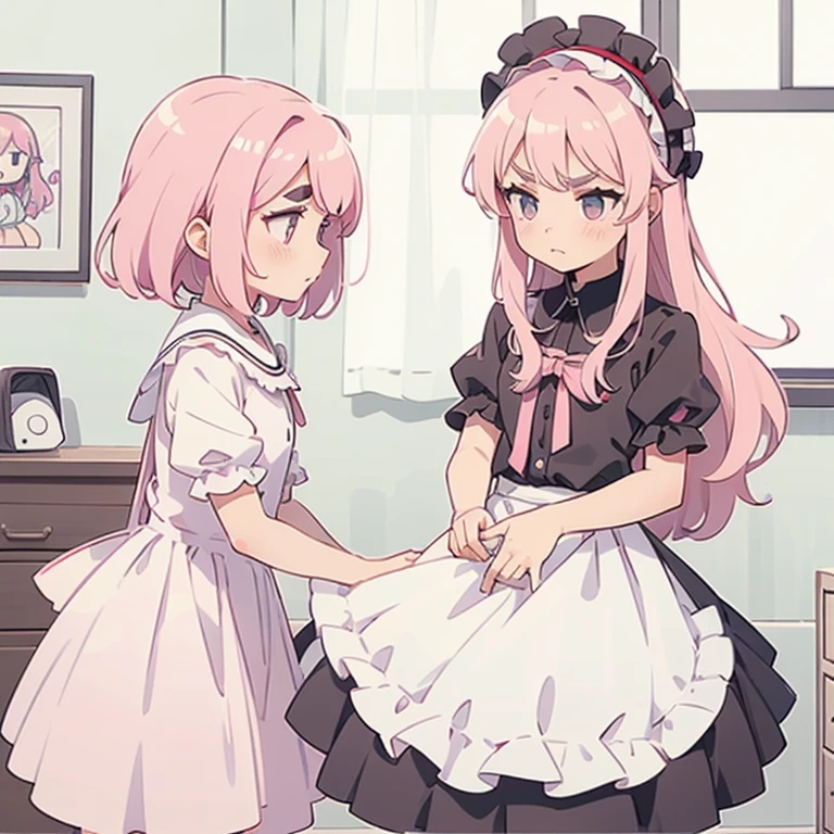 Girls with pink hair, long double-tailed hairstyle, ((small pink bushy eyebrows)), dressed in lolita clothes, marked vagina, lolicon (Zankuro) drawing style by zankuro artist, Zancro style, image uploaded to R34, changing of clothes in a room, looking away, not looking at the camera (hidden camera recording it, security camera filter recording it)