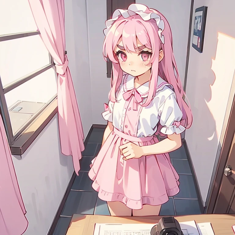 Girls with pink hair, long double-tailed hairstyle, ((small pink bushy eyebrows)), dressed in ta clothes, marked vagina, loli(Zankuro) drawing style by zankuro artist, Zancro style, image uploaded to R34, changing of clothes in a room, looking away, not looking at the camera (hidden camera recording it, security camera filter recording it)