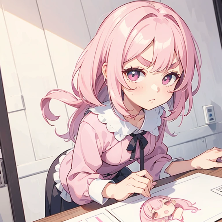 Girls with pink hair, long double-tailed hairstyle, ((small pink bushy eyebrows)), dressed in ta clothes, marked vagina, loli(Zankuro) drawing style by zankuro artist, Zancro style, image uploaded to R34, changing of clothes in a room, looking away, not looking at the camera (hidden camera recording it, security camera filter recording it)
