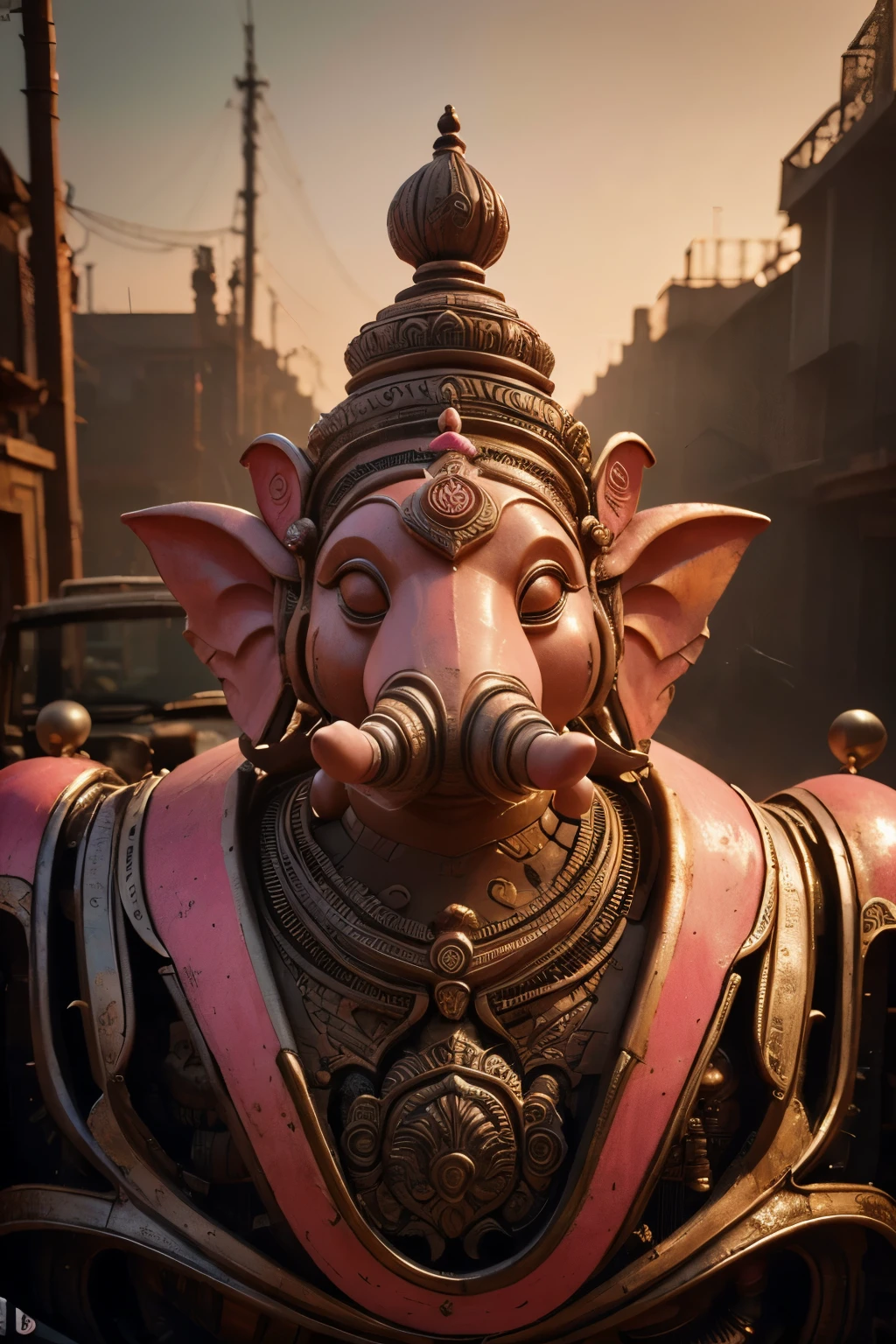 The futuristic representation of the elephantheaded Hindu deity Ganesha is adorned in a vibrant shade of pink reminiscent of a radiant sunset The intricate details of the sculpture showcase peeling paint adding a sense of weathered beauty to the piece Wisps of grey smoke marks dance delicately around the exhaust pipes of the powerful V8 engine creating an ethereal ambiance