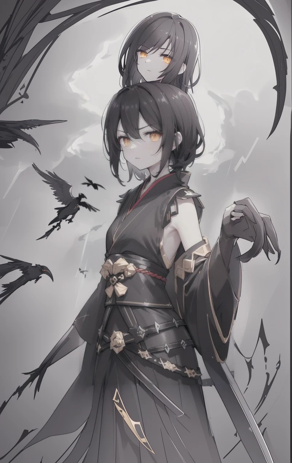 (dark hair,short black hair),(golden eyes),(black hanfu,black armor),(ink black longsword),(ravens),(high contrast,monochrome,black and white),(mystery,ominous),(stormy atmosphere,thunderstorm),(dramatic lighting),(detailed textures),(dynamic pose),(dark background)