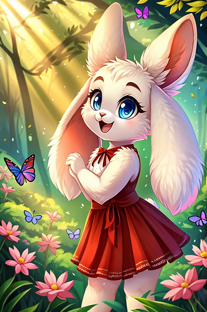 zoomed out image, ((solo character)), cute style art, fantasy style art, cute, adorable, short character, small, tiny little fluffy female white bunny with blue eyes, 4 ears, 2 extra ears, big floppy ears, long ears, ears perked up, raised ears, long eyelashes, wearing a red frilly ribbon dress, smiling, standing in a forest, soft tones, big expressive smile, open mouth, wide eyes, excited eyes, excited face, smiling happily, stunning visuals, sunlight coming through the trees, flowers scattered in the bushes, butterflies in the air, digital illustration