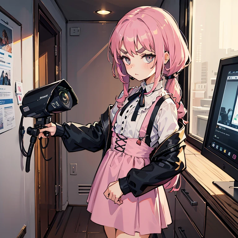 Girls with pink hair, long double-tailed hairstyle, ((small pink bushy eyebrows)), dressed in lolita clothes, marked vagina, lolicon (Zankuro) drawing style by zankuro artist, Zancro style, image uploaded to R34, changing of clothes in a room, looking away, sexy flirtatious look,not looking at the camera (hidden camera recording it, security camera filter recording it)