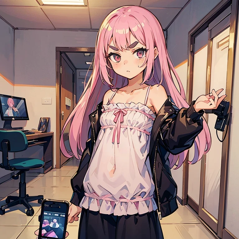 Girls with pink hair, long double-tailed hairstyle, ((small pink bushy eyebrows)), dressed in lolita clothes, marked vagina, lolicon (Zankuro) drawing style by zankuro artist, Zancro style, image uploaded to R34, changing of clothes in a room, looking away, sexy flirtatious look,not looking at the camera (hidden camera recording it, security camera filter recording it)