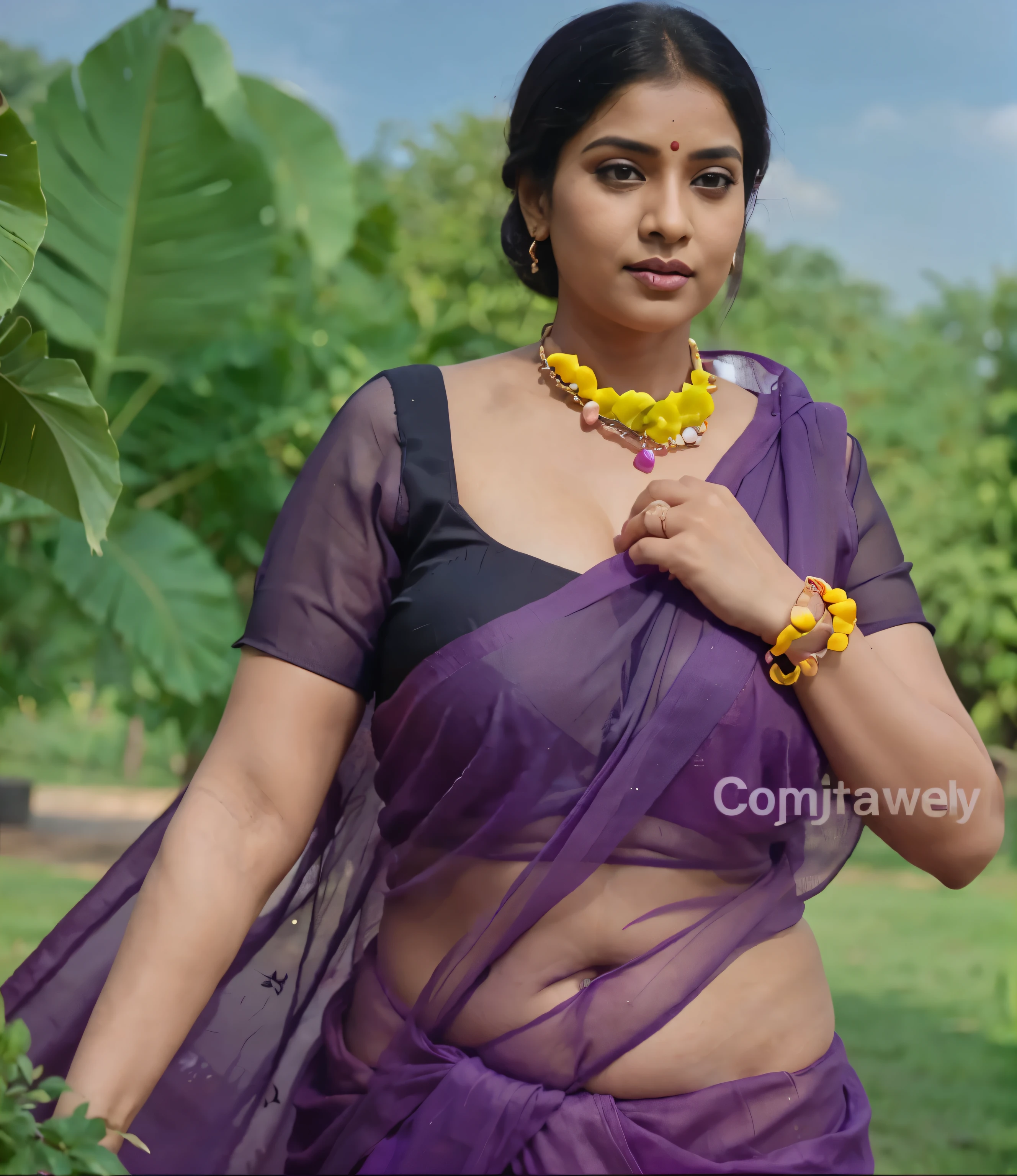 Make it real, realistic, velamma aunty, deep navel, curvy body, magenta sari, purple blouse, long black hair, wondering in park, showing navel in transparent saree