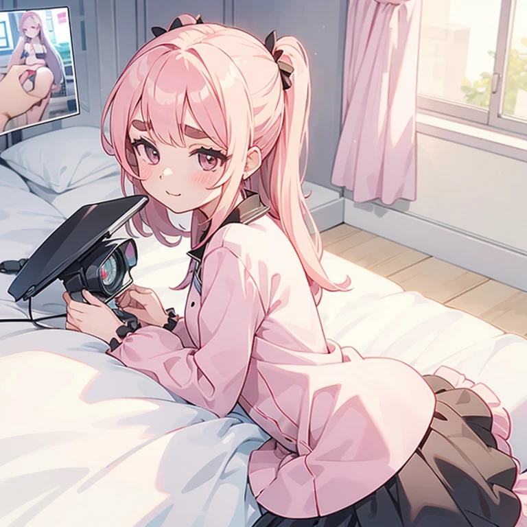 Girls with pink hair, long double-tailed hairstyle, ((small pink bushy eyebrows)), dressed in lolita clothes, marked vagina, lolicon (Zankuro) drawing style by zankuro artist, Zancro style, image uploaded to R34, changing of clothes in a room, semi naked with underwear in her hands looking away, not looking at the camera (hidden camera recording her, security camera filter recording her)