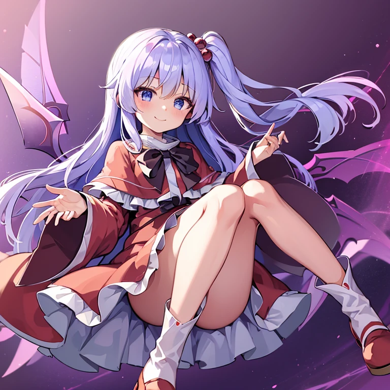 a digital drawing of a fairy looking girl wearing a pink dress with blue hair, masterpiece, best quality, shinki (touhou), 1girl, solo, one side up, hair ornament, hair bobbles, long hair, side ponytail, blue hair, blue eyes, smile, bangs, red dress, pink sweater, wings, multiple wings, purple wings, looking at viewer, white background, simple background, long white hair, and wears red robes, six purple wings red markings, Shinki \(touhou\), white hair, long sleeves, capelet, frilled capelet, boots, black bowtie