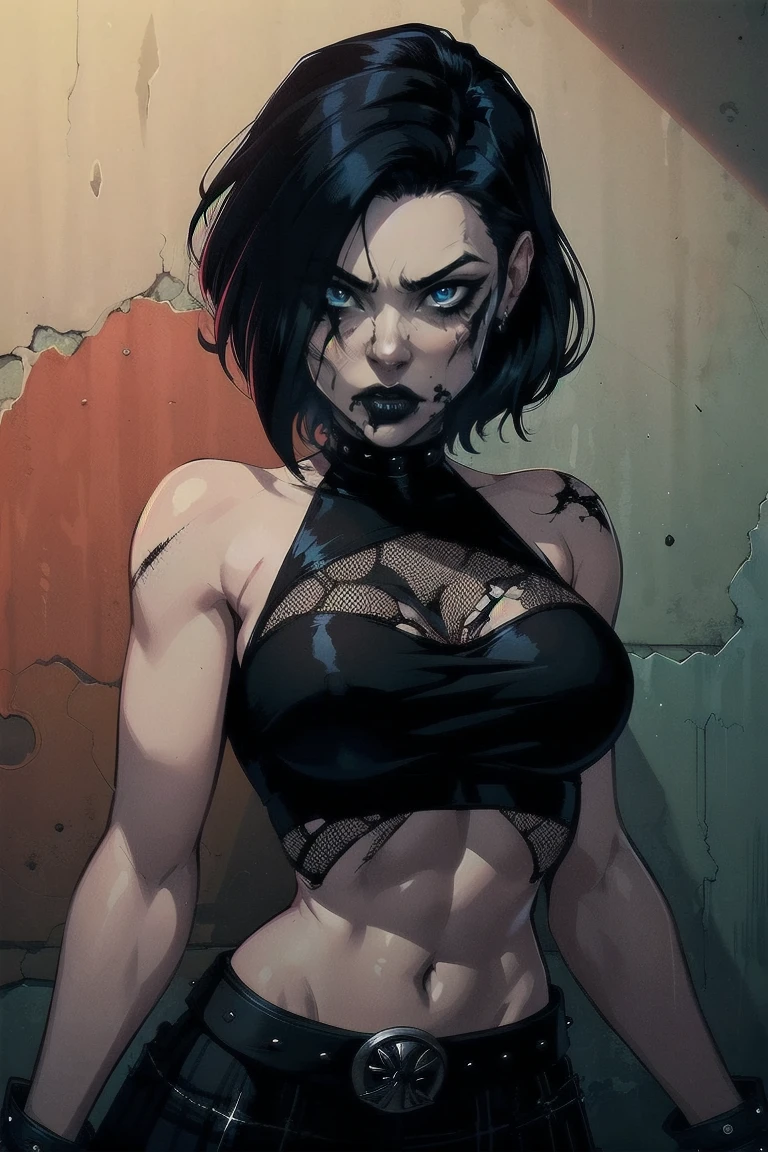 a woman with short black hair, hair on shoulders,  wearing a black cropped  and plaid skirt, blue eyes, zombie art, gothic art, cute aesthetic with vibe, toon aesthetic, wearing red costume, wearing gothic accessories, look like Cassie Hack, upper body, zombie background, Fighting with zombies ( hack/slash)