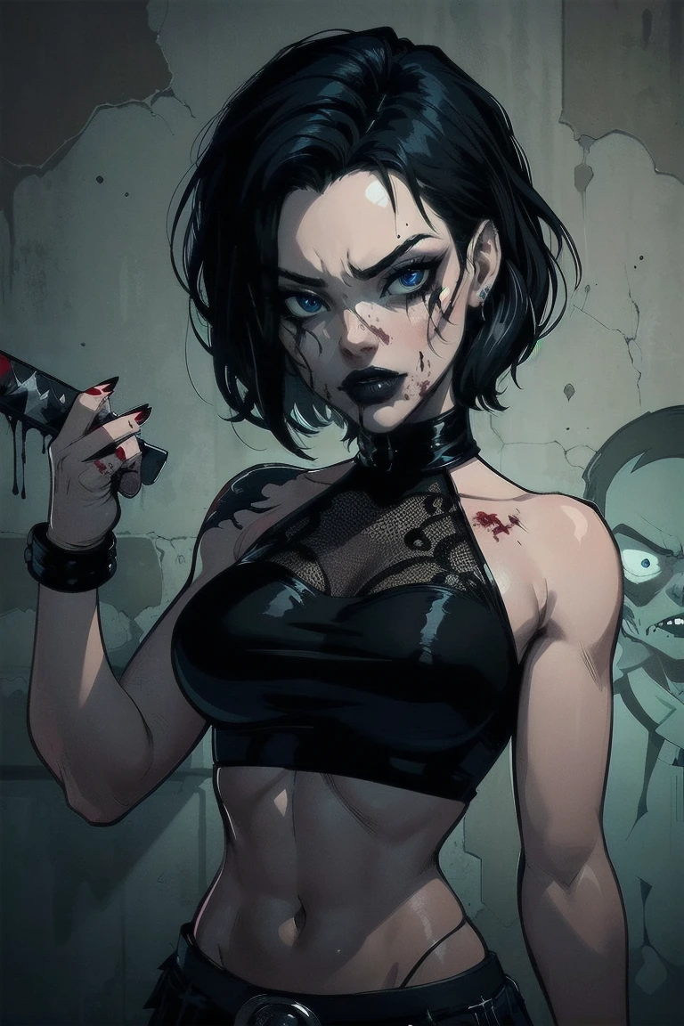a woman with short black hair, hair on shoulders, wearing a black cropped and plaid skirt, blue eyes, zombie art, gothic art, cute aesthetic with vibe, toon aesthetic, wearing red costume, wearing gothic accessories, look like Cassie Hack, upper body, zombie background, Fighting with zombies ( hack/slash)