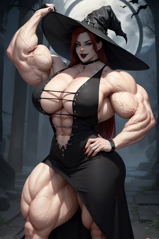 (((((Massive, tall, beautiful, buff, pale white skinned, muscular asian woman with red hair, black lipstick, ginormous bulky muscles and wearing a beautiful gothic dress with a witch hat))))), black eyeliner, (massive muscles), massive biceps, hyper muscle triceps, (long hair), yellow eyes, (thigh high stockings), high heel boots, in the spooky forest, nighttime, surrounded by souls, evil smile, hyper muscles arms, hyper muscle legs, massive buff arms.