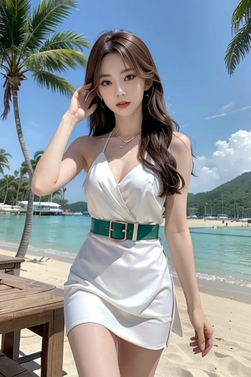 Woman wearing white dress and green belt, Giovanni Boldini(Giovanni Boldini), Korean beauty in evening gown, official artwork, still promotion, official art, Photo shoot, promotional photo, Aya Takano Color Style, Chiho, Promotional art, promo shot, colorful photos, Light blue dress, posing on the beach, Photo shoot, best artist, Portrait of Korean people in their 20s, random pose,