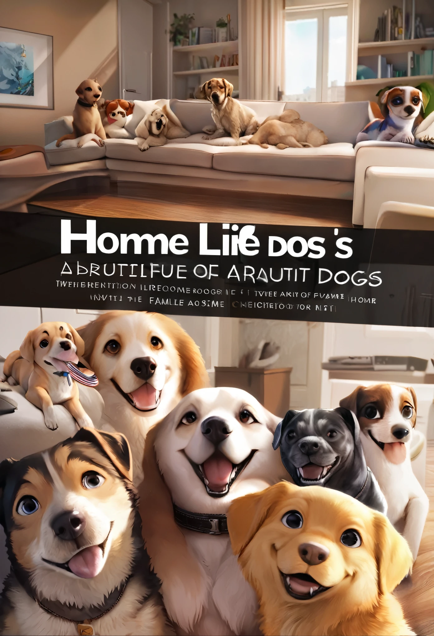 cover page, anime key visual, highres, top quality, best quality, paid reward available, High-quality illustrations, unparalleled masterpiece, perfect artwork, absurdres(home video, The beautiful life of dogs and families)in house, in room, smile, happy, perfect anatomy, fan-created work shared on platforms Pixiv or Twitter, cinematic lighting,