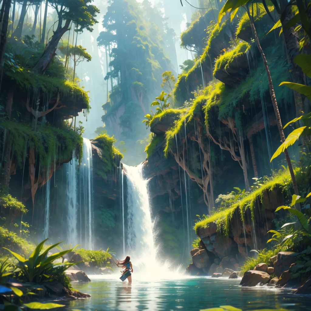 A brave Australian adventurer woman,diving,high waterfall,deep lake,[escaping],cannibals,pursuing [her],adrenaline rush [in the air],splashing water,fearless smile,breathtaking dive,and [surface] re-emerges,strong,[confident],and [determined]. Material: [Photorealistic,ultra-detailed],fine art,oil painting. Scene details: Lush green rainforest surrounding the waterfall,mist rising from the crashing water,thick vines hanging from the trees,exotic birds chirping loudly. Image quality: (Best quality,4k,8k,highres,masterpiece:1.2),ultra-detailed,realistic,HDR,sharp focus,physically-based rendering,vivid colors. Art style: Adventure,action,landscape. Color tone: Vibrant and rich with contrasts.