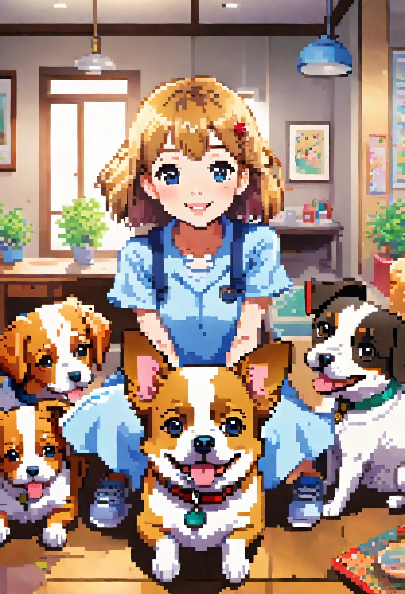 cover page, anime key visual, highres, top quality, best quality, paid reward available, High-quality illustrations, unparalleled masterpiece, perfect artwork, absurdres(home video,  The beautiful life of dogs and families)in house, in room, smile, happy, perfect anatomy, fan-created work shared on platforms Pixiv or Twitter, cinematic lighting,