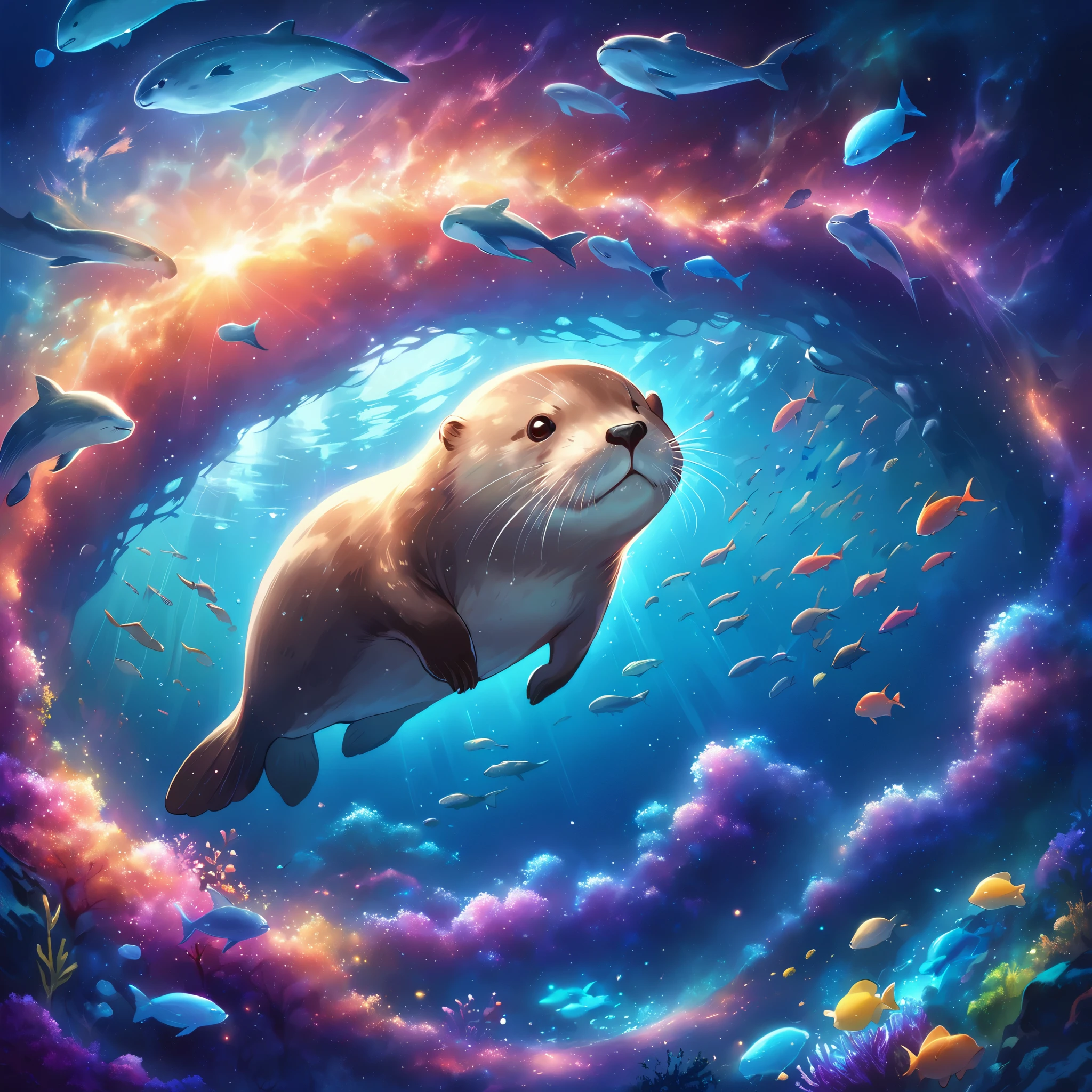 1 Diving Otter,look up,Undersea background ,Background details,(Otter details、Realism) ,( Solitary)