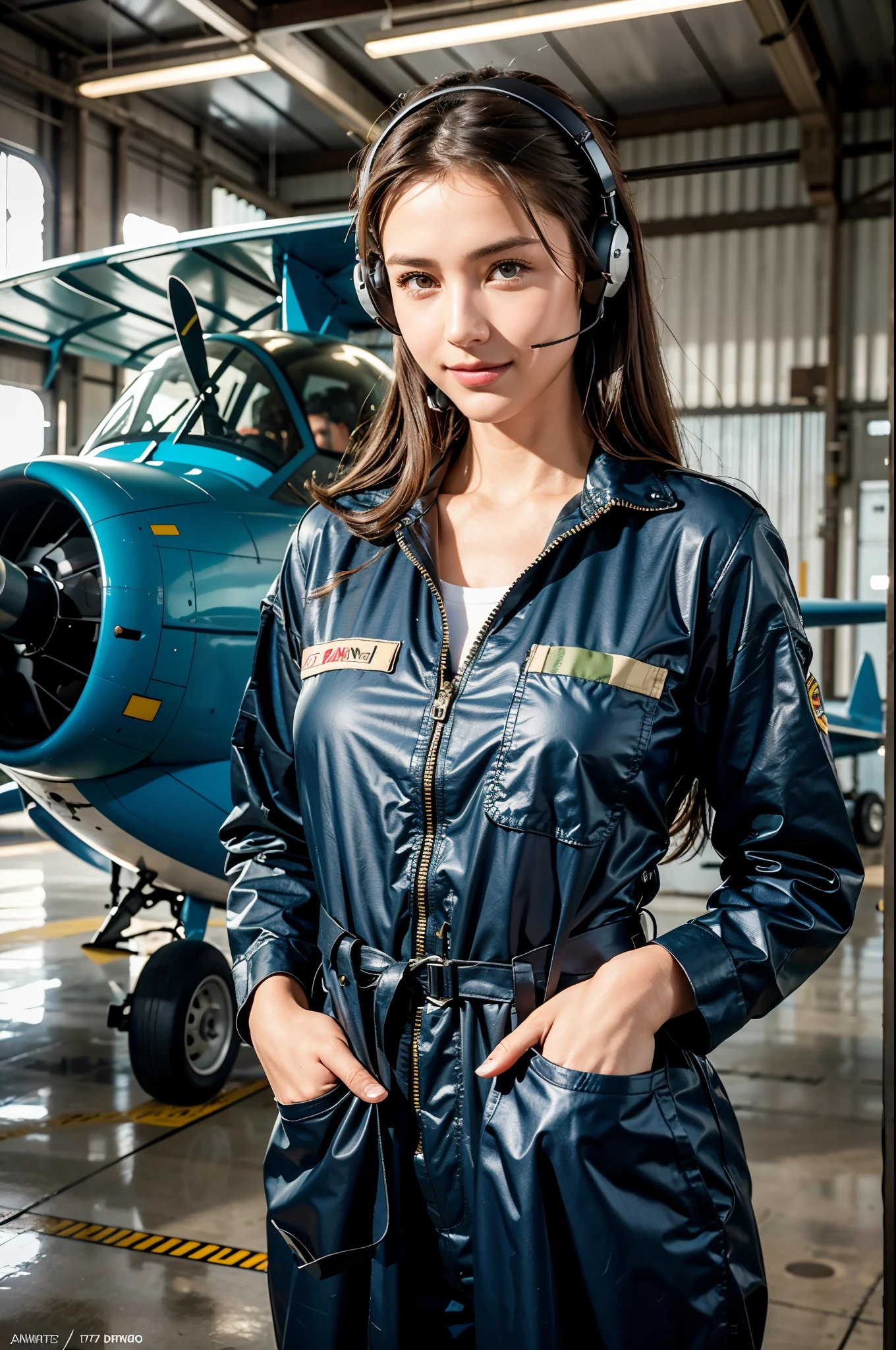 Best quality, ((professional photograph, RAW photo)), Insanely realistic, an extremely delicate and beautiful, ultra high res, realistic lighting and shading, (Realistic image of a extremely pretty female Aircraft mechanic, solo), Inside a spacious Aircraft hangar, Monoplane fighters of the World War II era line the background, Aircraft parts scattered on the floor, Tools for maintenance, She does aircraft maintenance, (wearing Military camouflage patterned Long-sleeved mechanic's coverall), (wearing mechanic's heavy-duty glove), (Wearing a headset), her hair is tied back later, very professional mechanic, inscrutable smile, (extremely beautiful depiction of the eyes and face), (insanely beautiful natural skin texture), Accurate eyes, Accurate hands, Well-balanced overall body