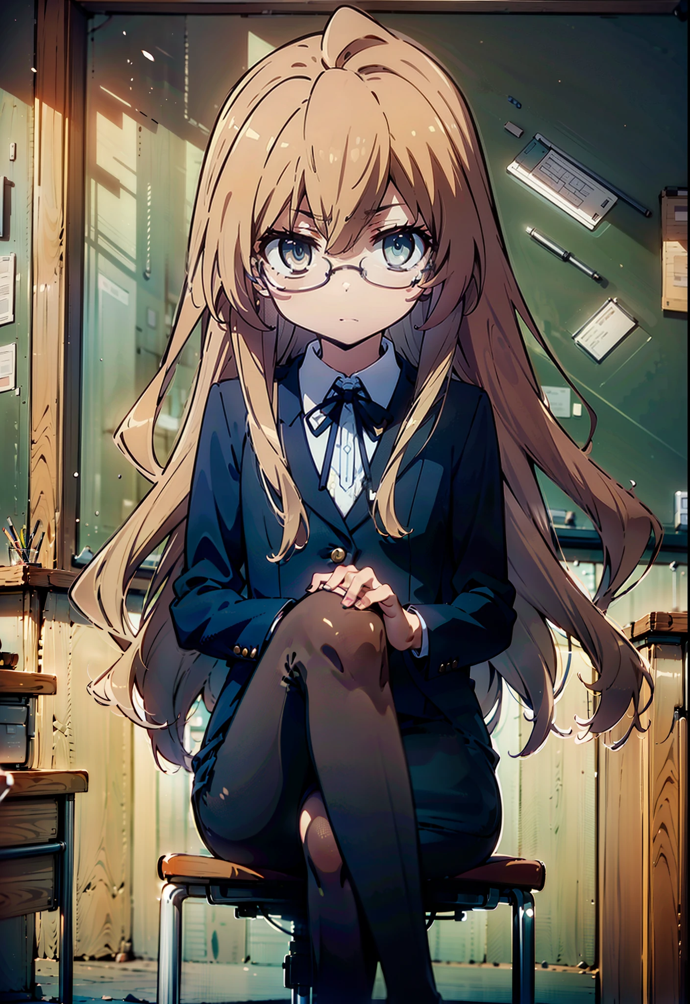  Aisaka Taiga,taiga aisaka,Long Hair, Brown Hair, Brown Eyes(Flat Chest:1.2),
OL, Akagi Glasses, Black suit jacket, Collared jacket, White dress shirt, Collared shirt, Neckline, button, Black pencil skirt, Black Pantyhose,Stiletto heels,sit cross-legged on a chair,interior,There is a computer on the table,touch typing,It&#39;s as if your whole body is in the illustration., 
break looking at viewer,
break indoors, classroom, 
break (masterpiece:1.2), highest quality, High resolution, unity 8k wallpaper, (figure:0.8), (Detailed and beautiful eyes:1.6), Highly detailed face, Perfect lighting, Extremely detailed CG, (Perfect hands, Perfect Anatomy),