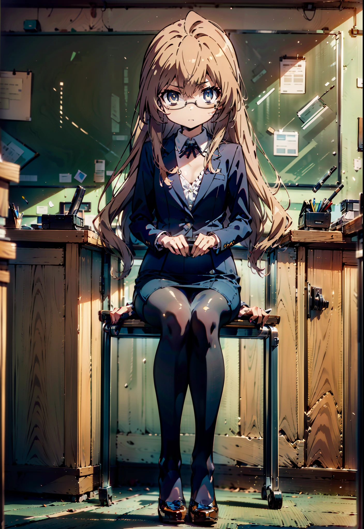  Aisaka Taiga,taiga aisaka,Long Hair, Brown Hair, Brown Eyes(Flat Chest:1.2),
OL, Akagi Glasses, Black suit jacket, Collared jacket, White dress shirt, Collared shirt, Neckline, button, Black pencil skirt, Black Pantyhose,Stiletto heels,sit cross-legged on a chair,interior,There is a computer on the table,touch typing,It&#39;s as if your whole body is in the illustration., 
break looking at viewer,
break indoors, classroom, 
break (masterpiece:1.2), highest quality, High resolution, unity 8k wallpaper, (figure:0.8), (Detailed and beautiful eyes:1.6), Highly detailed face, Perfect lighting, Extremely detailed CG, (Perfect hands, Perfect Anatomy),