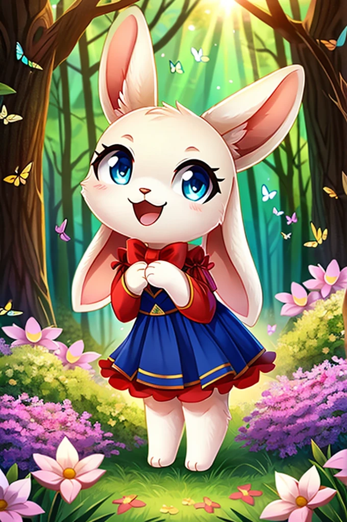 zoomed out image, ((solo character)), cute style art, chibi style art, chibi character, fantasy style art, cute, adorable, short character, small, tiny little fluffy female white bunny with blue eyes, 4 ears, 2 extra ears, big floppy ears, long ears, ears perked up, raised ears, long eyelashes, wearing a red frilly ribbon dress, smiling, standing in a forest, soft tones, big expressive smile, open mouth, wide eyes, excited eyes, excited face, smiling happily, stunning visuals, sunlight coming through the trees, flowers scattered in the bushes, butterflies in the air, digital illustration