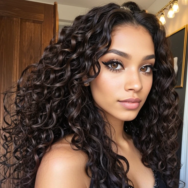sexy, bad girl, long dark brown curly hair, long curly hair, dark brown curly hair, puffy curly hair, 24 year old girl, hazel eyes, African American and Caucasian female, mascara, mascara on eyes, winged eyeliner, eyelash extensions, nose ring, stud nose ring, and very reality
