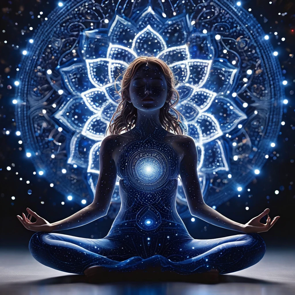 Full body photography of girl in lotus pose，Anatomically correct，Raw, movie shot, (Clear focus:1.5), (Reality:1.4), Volumetric Lighting, Ultra-high resolution, 16K,Dramatic Lighting, White background：1.5），Dark blue galaxy style，Starlight（Zentangle，Mandala，Tangle，Entanglement：0.7），Female star spirit, Transformation, Depth of Field, dreamy atmosphere, Chaos in its most beautiful form, grace, Cosmic star theme of brutalist design, Black Hole, Star Flower，glowing line,Glow Example，Tracking example，flash， Backlight，translucent，Light Particles 