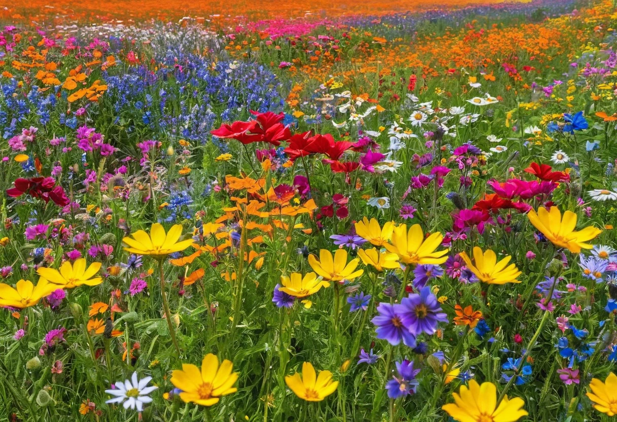 There are many different colored flowers blooming in the fields., A big flower in front、Wildflowers, Meadow flowers, Wildflowers, Flower meadow,