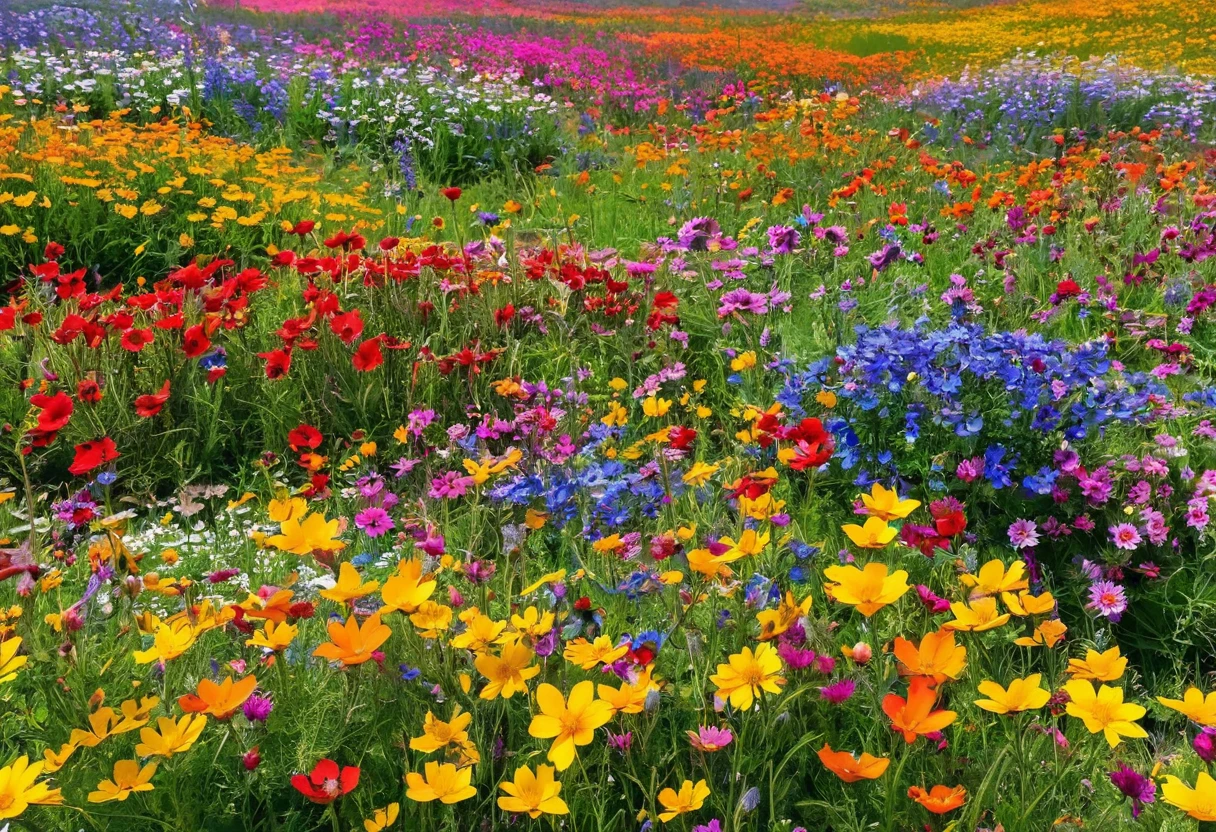 There are many different colored flowers blooming in the fields., A big flower in front、Wildflowers, Meadow flowers, Wildflowers, Flower meadow,