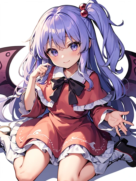 a digital drawing of a fairy looking girl wearing a pink dress with blue hair, masterpiece, best quality, shinki (touhou), 1girl, solo, one side up, hair ornament, hair bobbles, long hair, side ponytail, blue hair, blue eyes, smile, bangs, red dress, pink sweater, wings, multiple wings, purple wings, looking at viewer, white background, simple background, long white hair, and wears red robes, six purple wings red markings, Shinki \(touhou\), white hair, long sleeves, capelet, frilled capelet, boots, black bowtie