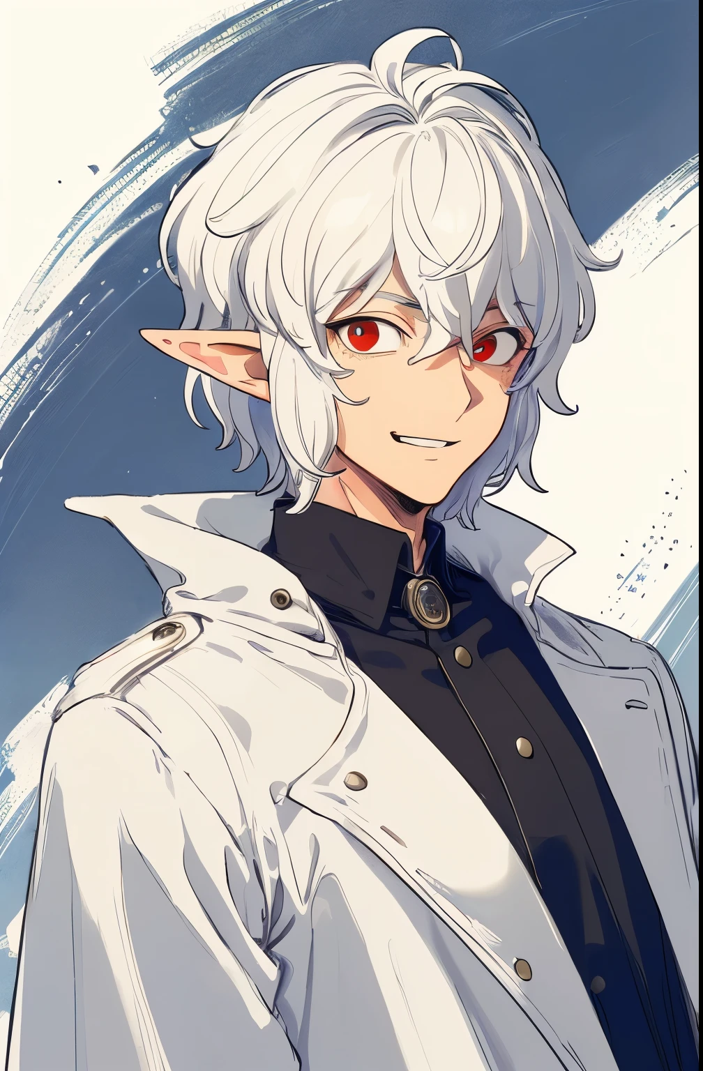 ultra detailed, masterpiece, best quality, solo, cowboy shot, facing viewer,man, wavy short white hair, wearing a long white trenchcoat, tightening his black leather gloves, Elf Ears, Red eyes, happy expression, receptive