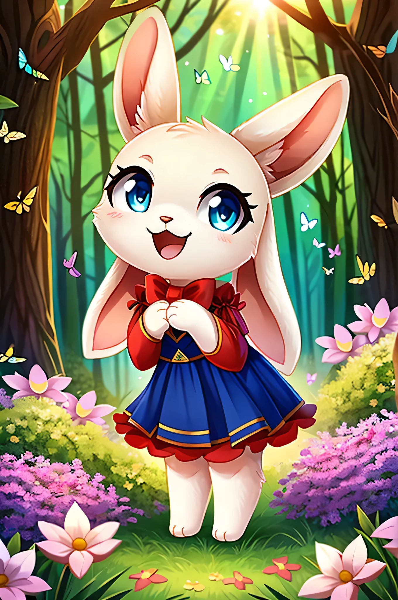 zoomed out image, ((solo character)), cute style art, chibi style art, chibi character, fantasy style art, cute, adorable, short character, small, tiny little fluffy female white bunny with blue eyes, 4 ears, 2 extra ears, big floppy ears, long ears, ears perked up, raised ears, long eyelashes, wearing a red frilly ribbon dress, smiling, standing in a forest, soft tones, big expressive smile, open mouth, wide eyes, excited eyes, excited face, smiling happily, stunning visuals, sunlight coming through the trees, flowers scattered in the bushes, butterflies in the air, digital illustration