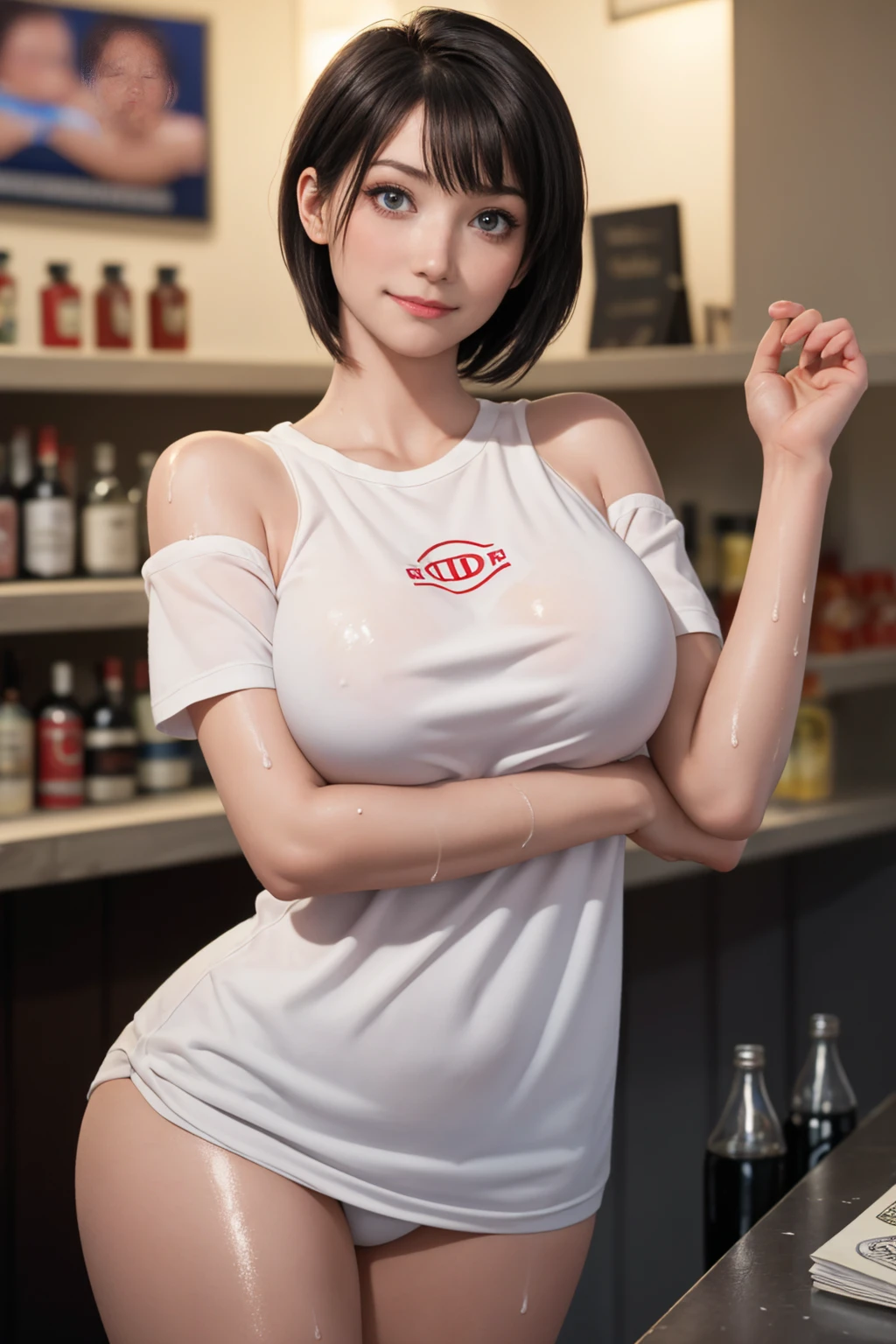 (masterpiece:1.2, top quality), (realistic, photorealistic:1.4), beautiful illustrations, (natural side lighting, Cinema lighting),
view audience, cowboy shot, Foreground, Close:1.5, 1 girl, perfect face, cute and symmetrical face, shiny skin, White skin、seductive pose,
(short hair:1.2, bobsleigh:1.2, black hair), hairline, asymmetrical bangs, Blue eyes, 長いeyelash, (big breasts:0.9, thin hips), ((oiled leather,glowing skin、realistic skin texture、beautiful skin in every detail、shiny skin、slippery skin、shiny skin、shiny skin)), White skin, real human skin, (habitual), Oval face, it's time, ultra high resolution, (8K, RAW-фотографии, realistic: 1.4), one girl, slim, (Kind, Eyes of the Goddess)、 Happiness: 1.2), (lip gloss, eyelash, Horrible Face, top quality, ultra high resolution, Wide illumination, Natural shading)、sexy girls、absolute area、long beautiful thin legs、(Sexy smile expression:0.8, )
beautiful hair, Beautiful face, beautiful details, Beautiful breasts, beautiful hips, beautiful fingers, (((big breasts))、Woman went shopping、Angle from above、embarrassingな顔、front、search、Blur background、In front of the cash register in a store、The girl came to buy condoms、Place condoms and alcohol at checkout、((embarrassing face、blush、embarrassing、Couple,sweat,))、SHOULDERS ARE NAKED、Dirty white t-shirt、wet