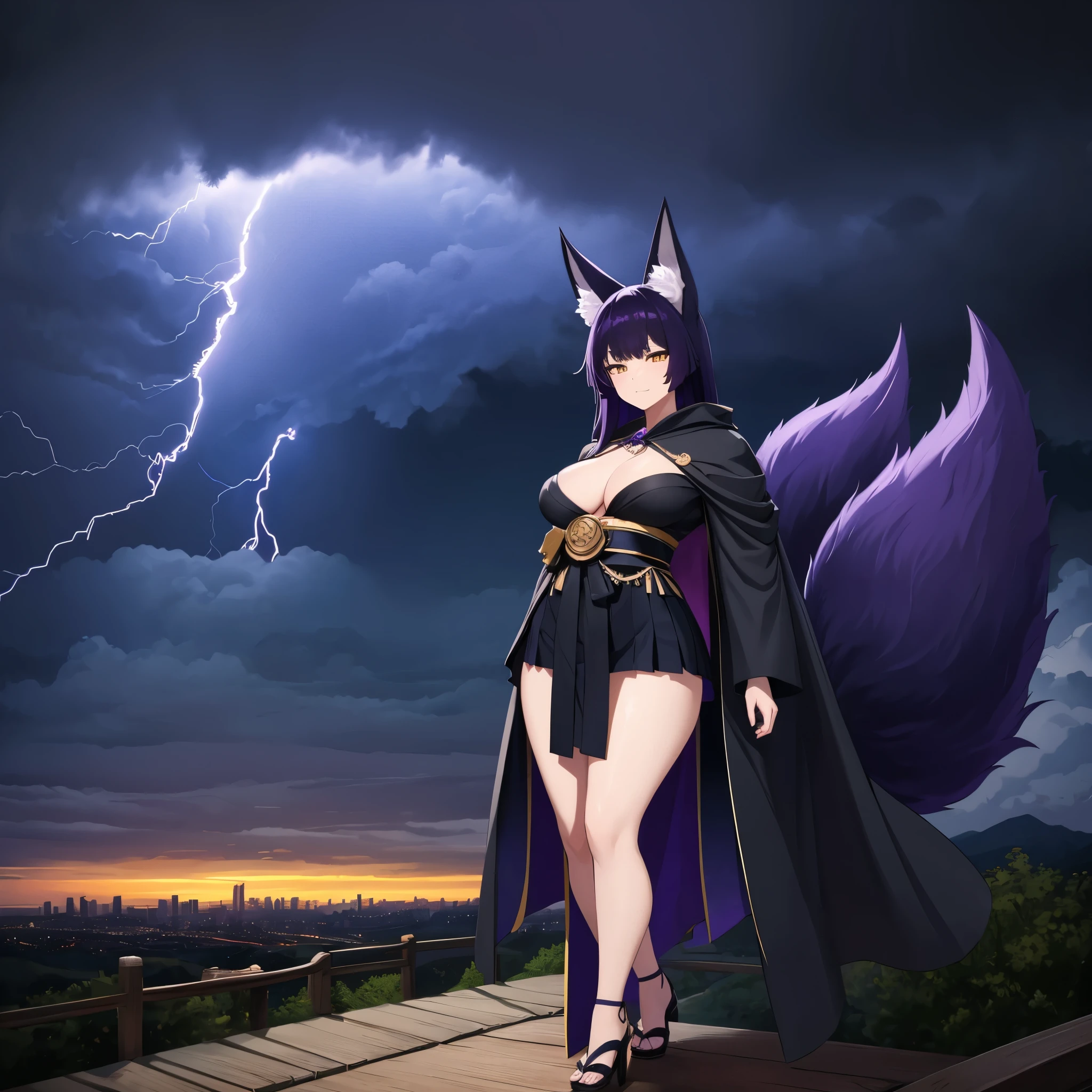 A woman wearing dark purple kimono, long dark purple hair, yellow eyes, kitsune ears, kitsune tail, multi-tail, short skirt, black fur cape, large breasts, at the top of a mountain overlooking a traditional Japanese city in the background , view of the sky with a storm, purple lightning in the sky,full body,(woman solo)ultra resolution, very detailed, HDR, masterpiece, 8K hd