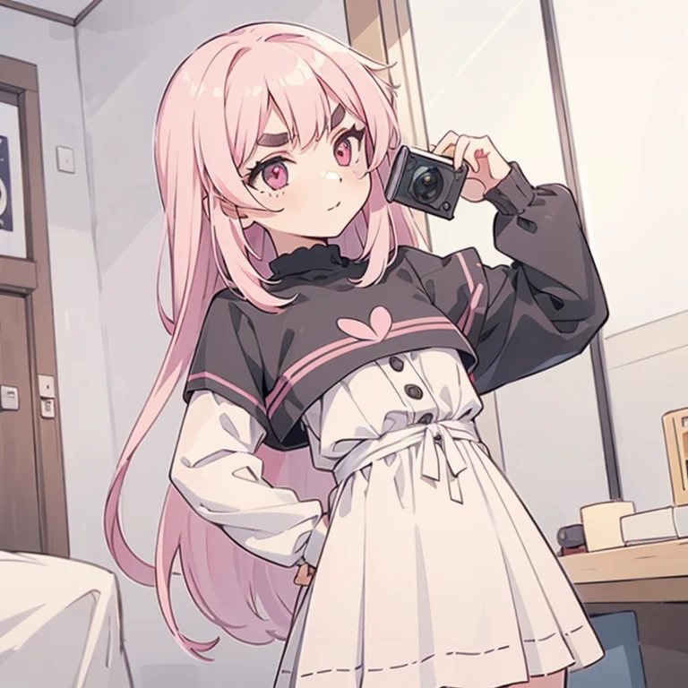 Girls with pink hair, long double-tailed hairstyle, ((small pink bushy eyebrows)), dressed in lolita clothes, marked vagina, lolicon (Zankuro) drawing style by zankuro artist, Zancro style, image uploaded to R34, changing of clothes in a room, looking away, sexy flirtatious look,not looking at the camera (hidden camera recording it, security camera filter recording it)