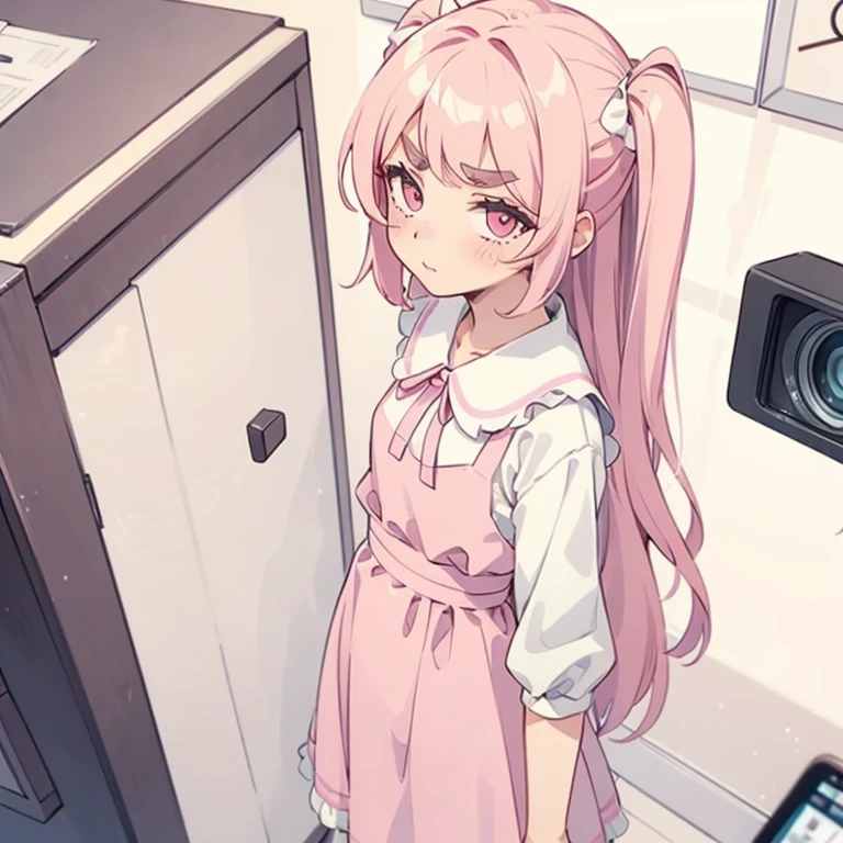 Girls with pink hair, long double-tailed hairstyle, ((small pink bushy eyebrows)), dressed in lolita clothes, marked vagina, lolicon (Zankuro) drawing style by zankuro artist, Zancro style, image uploaded to R34, changing of clothes in a room, looking away, sexy flirtatious look,not looking at the camera (hidden camera recording it, security camera filter recording it)