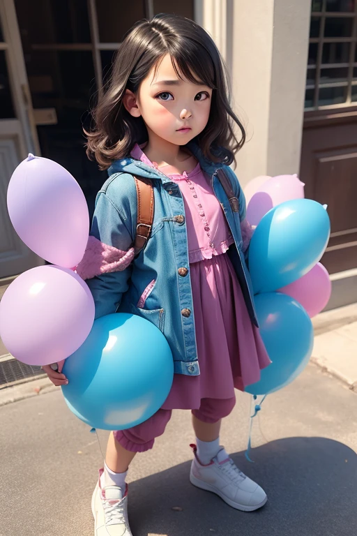 a 10 years old girl, holding balloons, (((full body))), real photo, looking above at me, Brat, skyblue