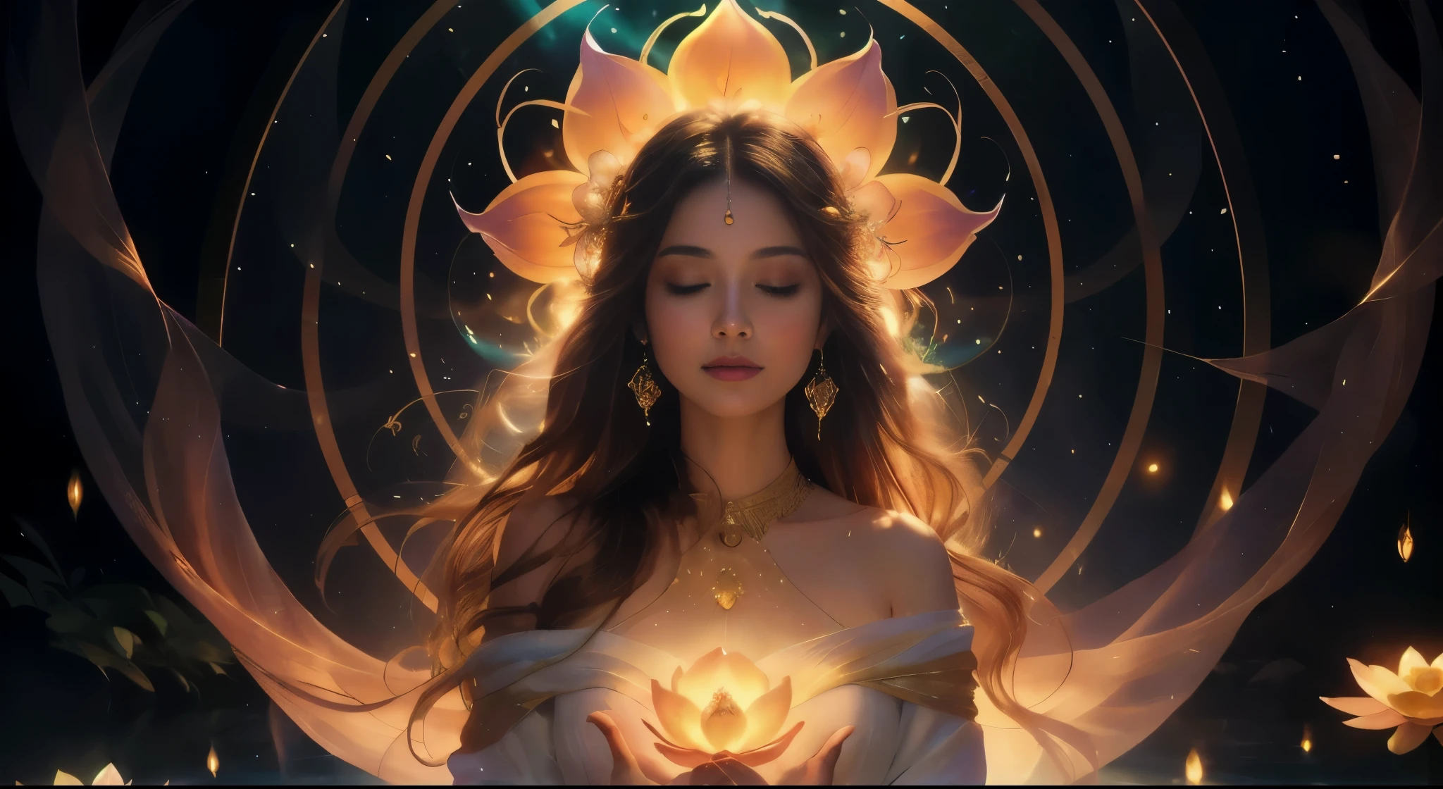 Wearing a flower crown、Woman holding a glowing light, Alphonse Mucha and Rosdro, Golden lotus princess, A magnificent portrait of a goddess, Beautiful fantasy art portraits, Neo-artcore and Charlie Bowter, 美しいgoddess portrait, goddess portrait, Artjam and Athi Gairan, Beautiful Art UHD 4K, Charlie Bowater's art style