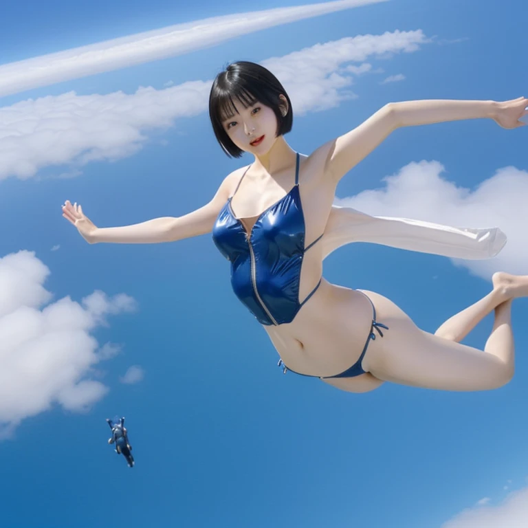 A beautiful Japanese woman in her late 20s with a bob cut is skydiving in the sky４０００Meters、She is sensual、Micro Bikini、Very sexy swimsuit、She spreads her arms and legs、Similar to You&#39;It is very fun.！