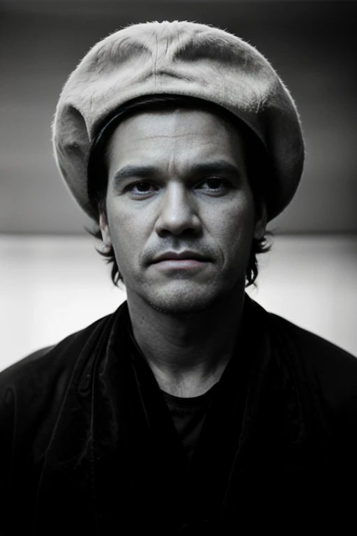 josh brolin, 40's gangster, hat, black robe, realism, detailed skin,realism photograph, no anatomy error, brown eyes, black and white