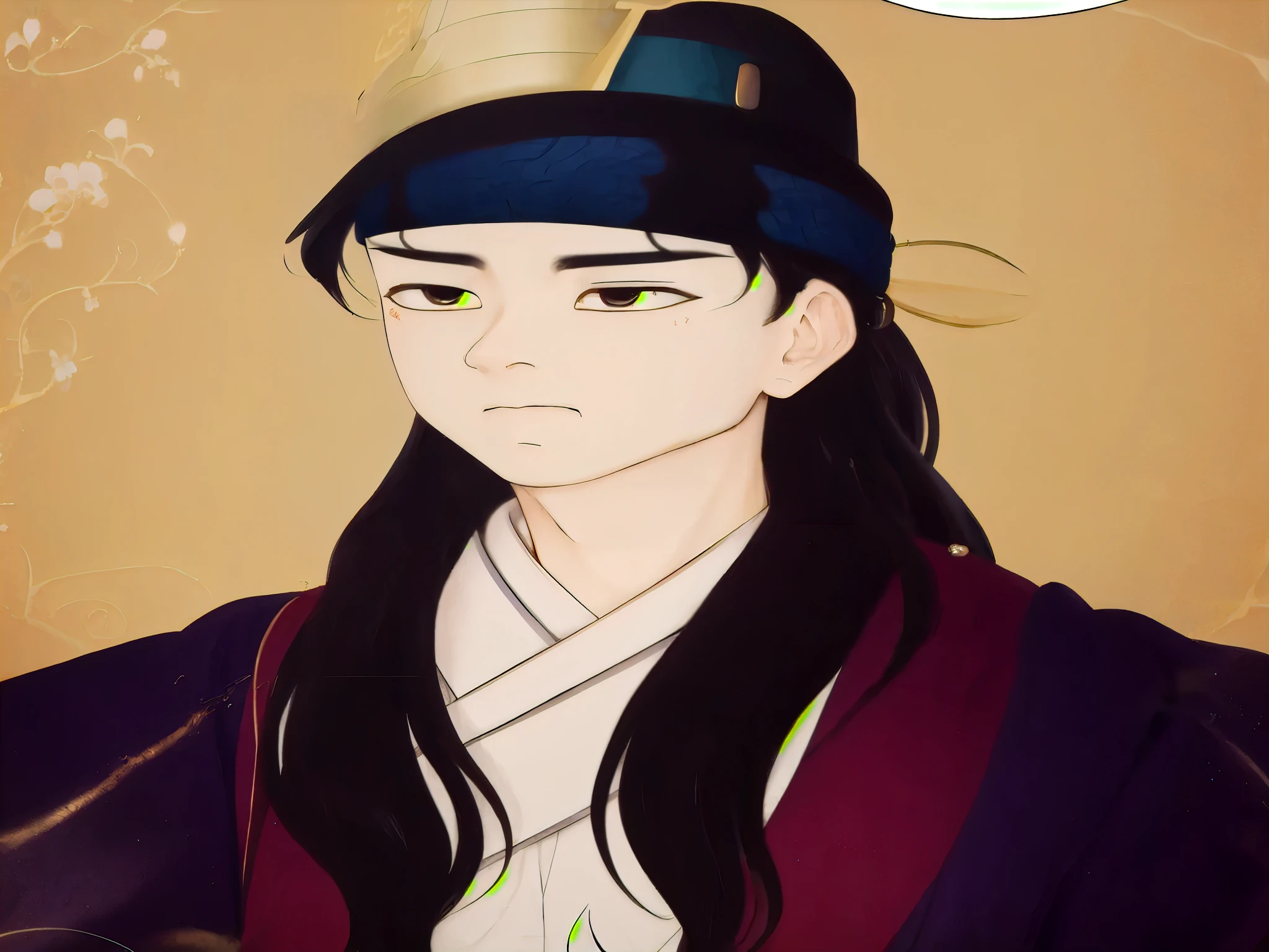 a close up of a cartoon character with a hat on, sengoku - era art style, inspired by Shin Yun-bok, hijikata toushirou, inspired by Zhu Derun, beautiful androgynous prince, inspired by Lü Ji, inspired by Chen Jiru, portrait of mulan, masamune shiro, akira from chinese mythology