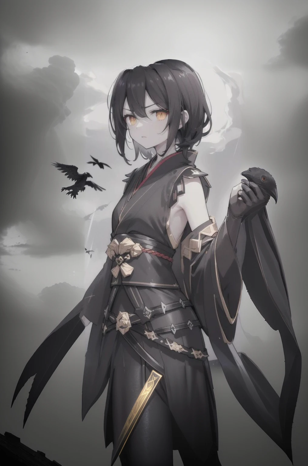 (dark hair,short black hair),(golden eyes),(black hanfu,black armor),(ink black longsword),(ravens),(high contrast,monochrome,black and white),(mystery,ominous),(stormy atmosphere,thunderstorm),(dramatic lighting),(detailed textures),(dynamic pose),(dark background)