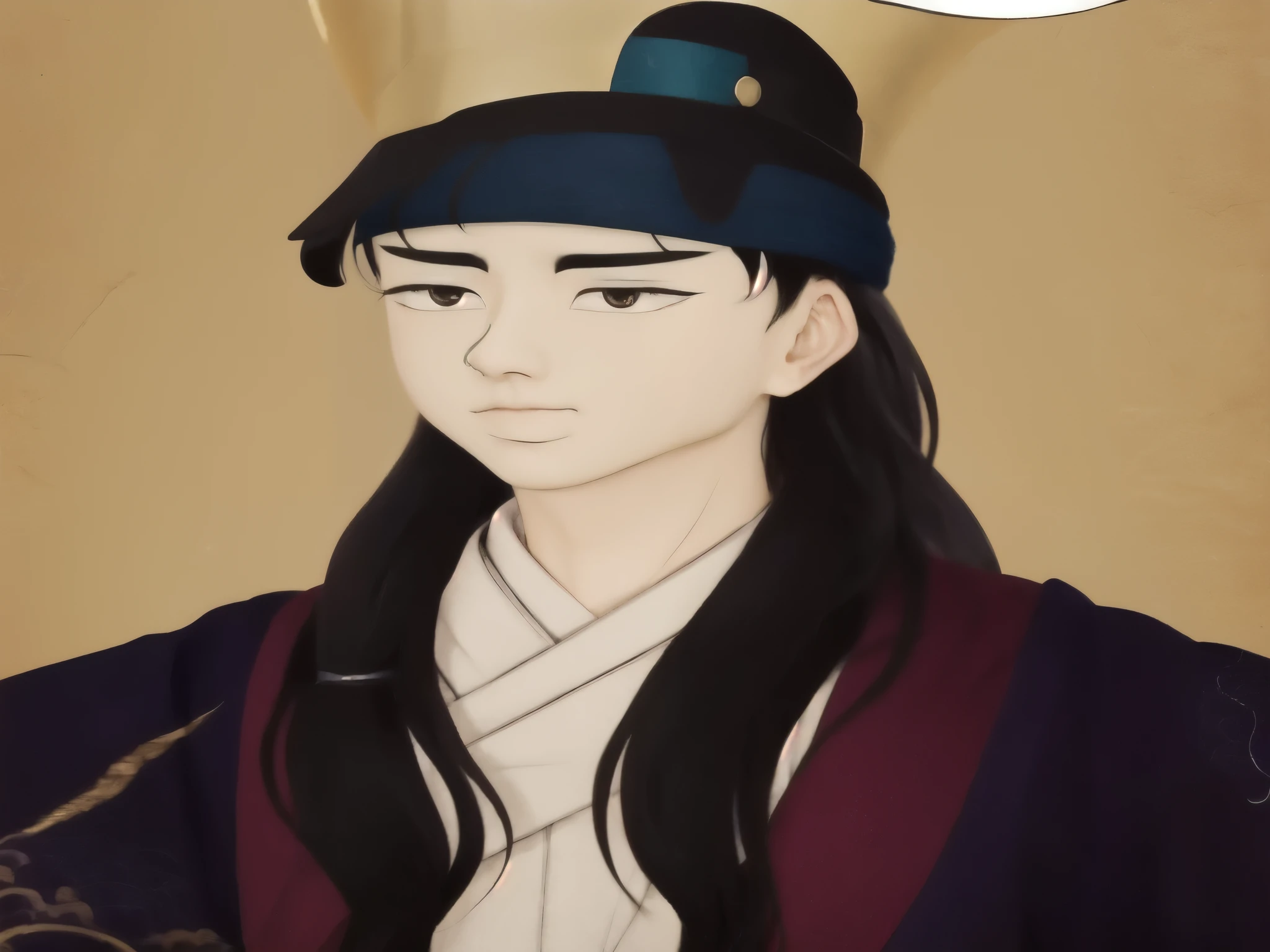a close up of a cartoon character with a hat on, sengoku - era art style, inspired by Shin Yun-bok, hijikata toushirou, inspired by Zhu Derun, beautiful androgynous prince, inspired by Lü Ji, inspired by Chen Jiru, portrait of mulan, masamune shiro, akira from chinese mythology