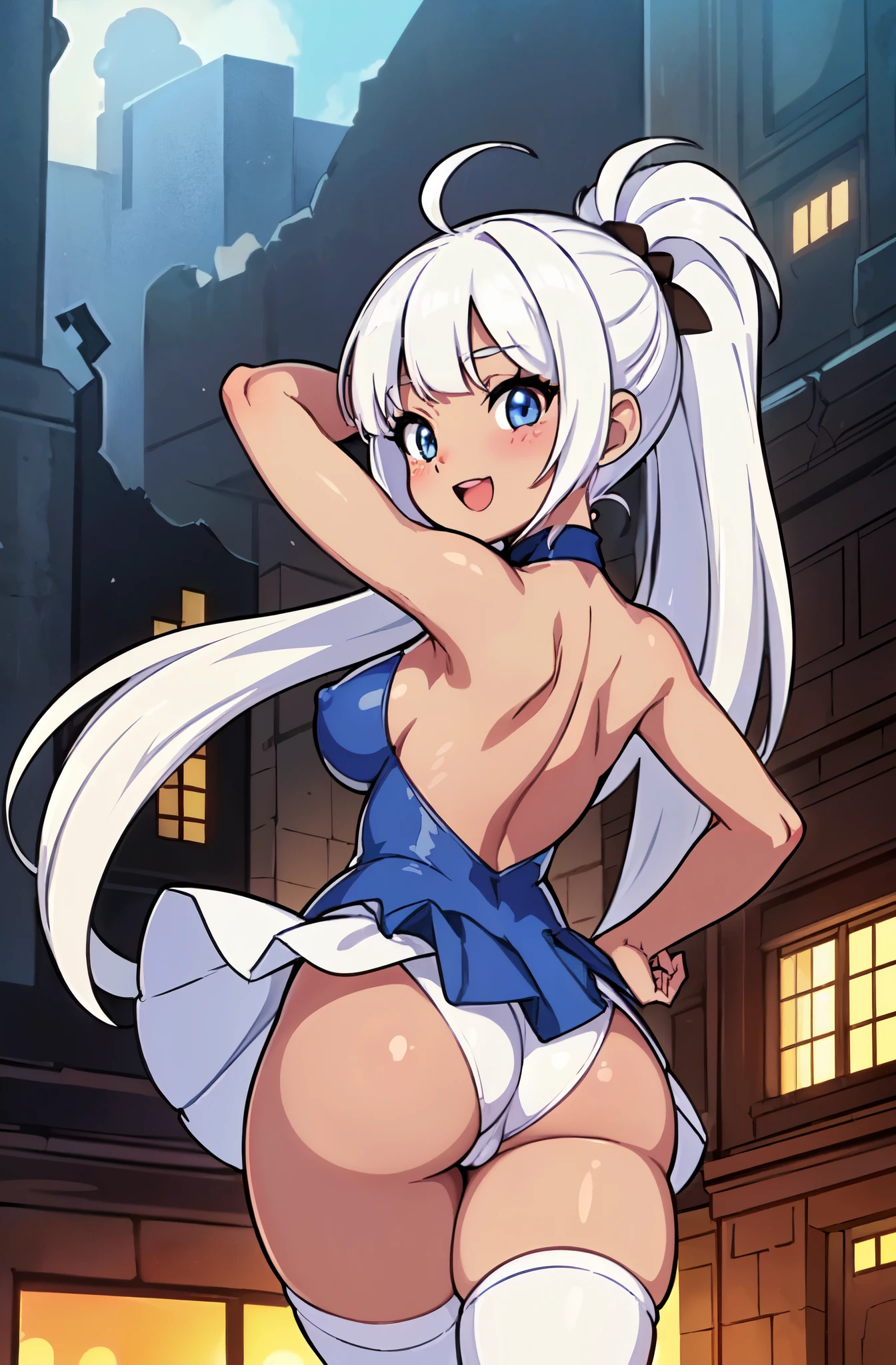 (( close、16k、highest quality、Attention to detail、Rich skin detail, nsfw、)),(((((Brown Skin)))))、(Muscular)、 (Beautiful Eyes),((((Rear view、Fuck from behind))))、 ((Huge breasts、Swollen nipples、Hands behind head、Both armpits))、 ((Blue and white dress、black leotard、Pink Ribbon、White knee socks))、((((Skirt Lift))))、(Blue Eyes)、((White Hair、Blunt Bangs、long hair、Straight Hair、Ahoge)),  ((blush))、(Wide Hips、Thick thighs)、((((Embarrassing、:d))))、((In the dark ruins of the city))