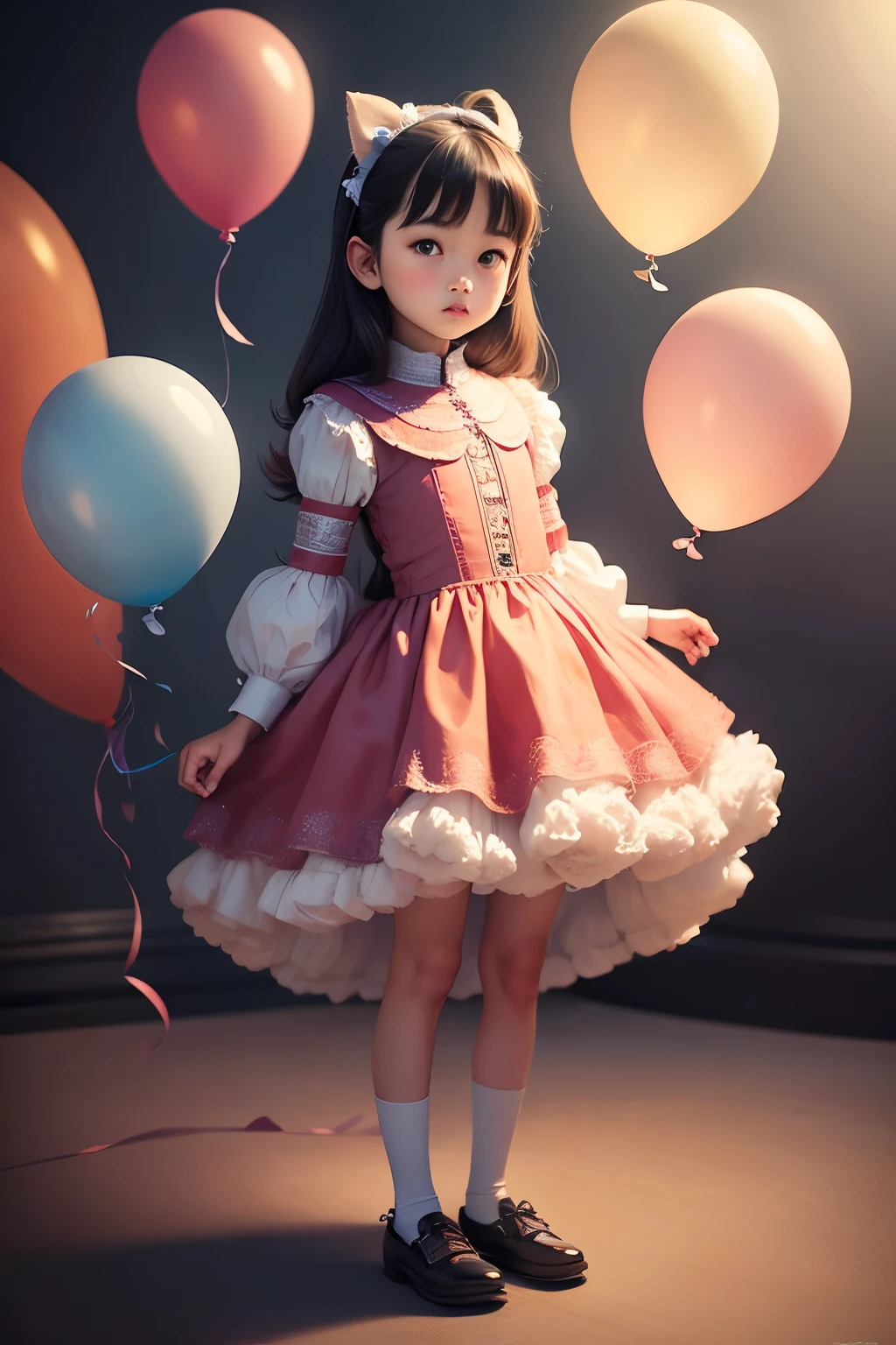 a 10 years old girl, holding balloons, (((full body))), real photo, looking above at me, Brat, skyblue