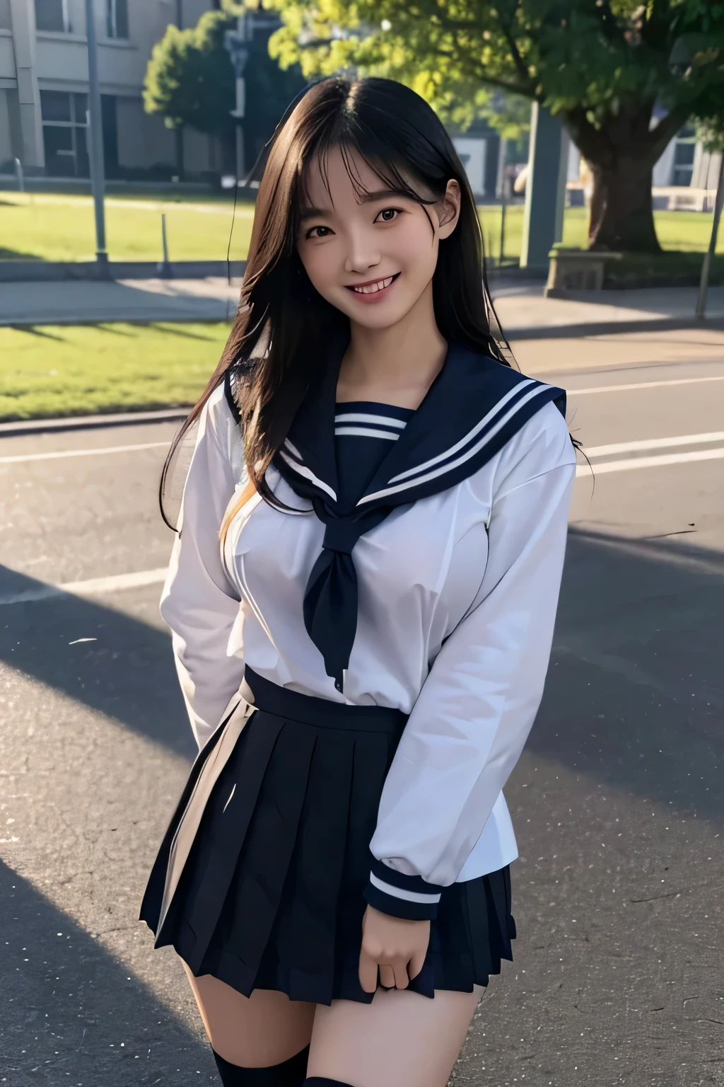 (Hyperrealism, 10, Very detailed, highest quality, Very detailed, masterpiece, 超Realistic, High Detail, Raw photo, Realistic,)((School、Schoolyard)),(((school uniform, sailor suit))), (((Black pleated skirt))), (Black Stockings),(smile、smile、Composition from the front))、highest quality, (((Mouth closed、whole body)))、(((Large Breasts、Gcup)))、Beautiful Japanese Girl,Long Hair、Black Hair、 Smiling in a sexual way, ((Accurate Clothing、Accurate human body))