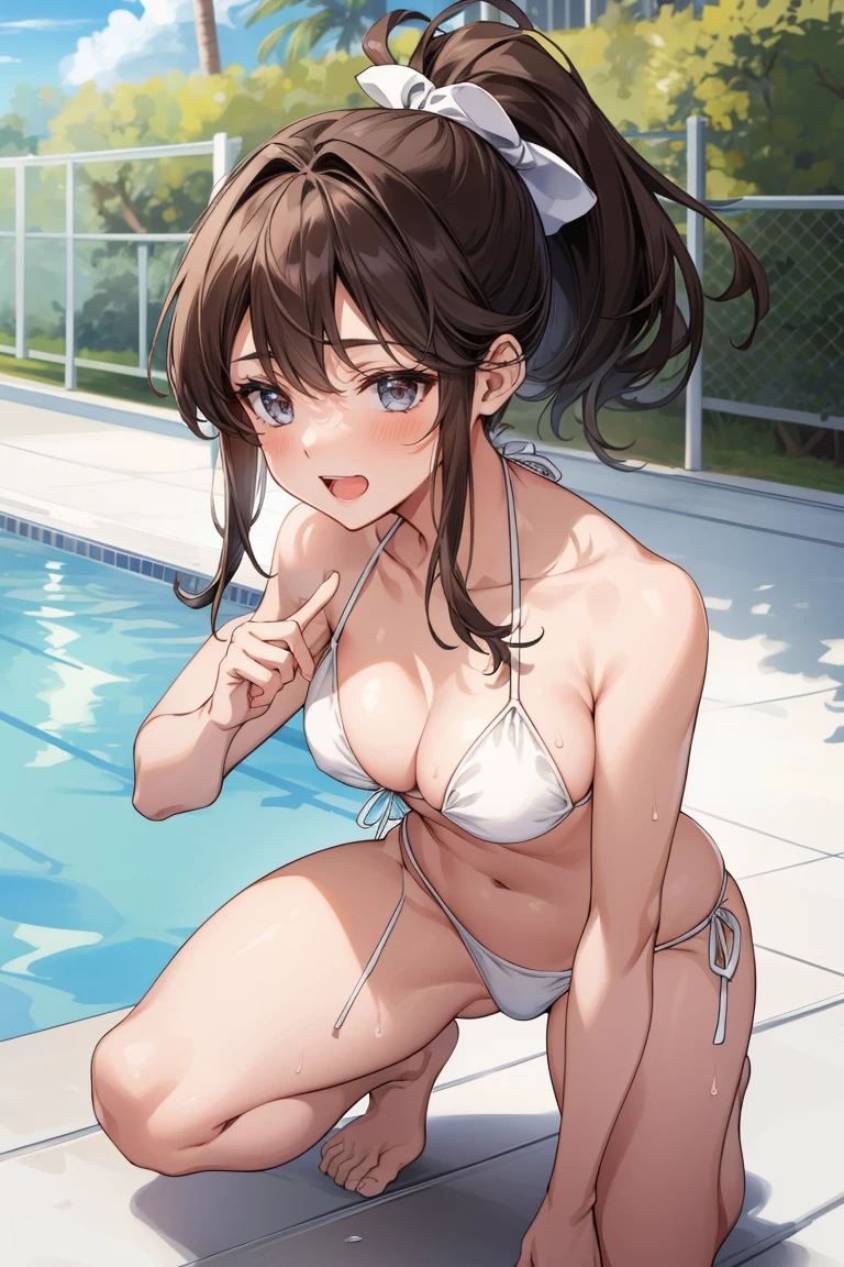 masterpiece, best quality, 1 girl, solo, large breasts, purple eyes, bangs, black hair, braids hair, pool, in the pool, (wet:1.1), water drops, one-piece swimsuit, (strap slip:1.3), nsfw, nipples