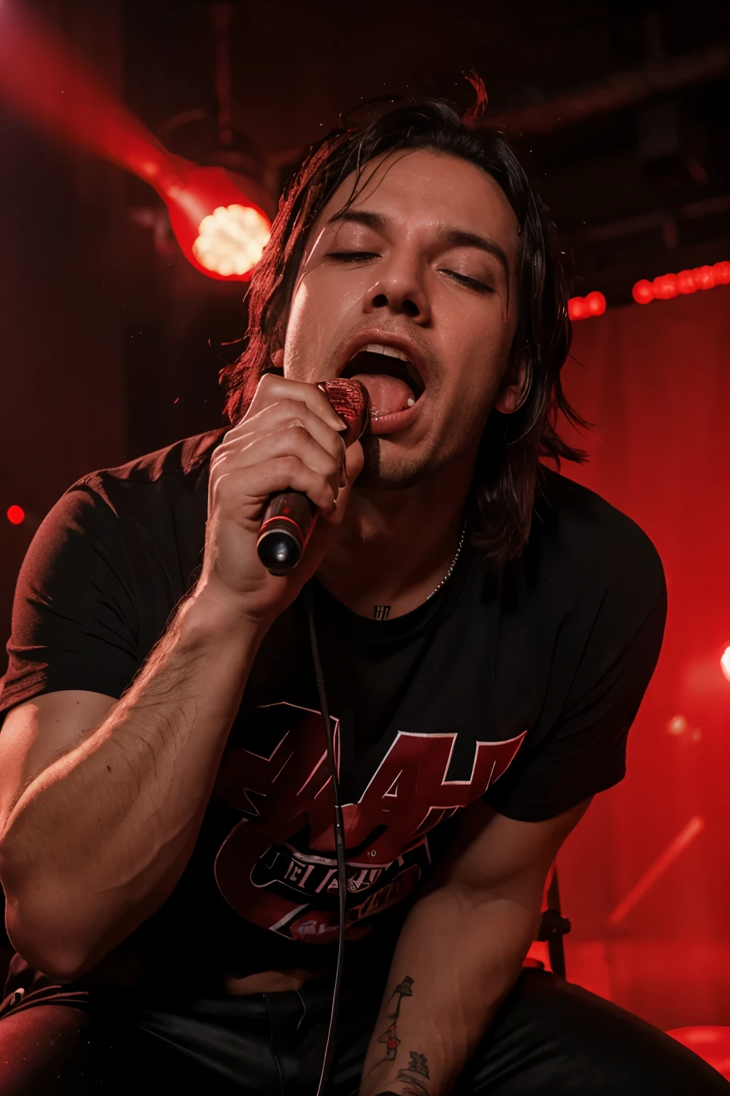 A rocker who opens his mouth wide under red lights and sweats hard while spitting out a song.