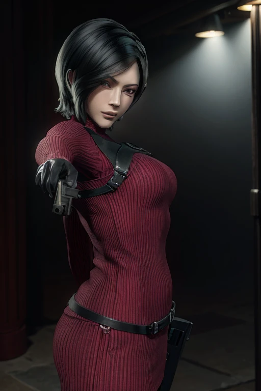 (masterpiece, best quality:1.4), insaneres, absurdres, solo, looking at viewer,BREAK GAME_ResidentEvil4Remake_AdaWong_ownwaifu, 1girl, asian, black hair, short hair, brown eyes, lips, bangs, large breasts, red lips, makeup, lipstick, sweater, dress, gloves, holster, shoulder holster, black gloves, turtleneck, turtleneck sweater, sweater dress, ribbed sweater, long sleeves, harness, belt, holding gun, red sweater, red dress, (contrapposto, hand on hip), night time, sidelighting, outdoors, depth of field, 